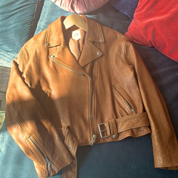GAP - Cognac Biker Leather Jacket - Picture 2 of 8